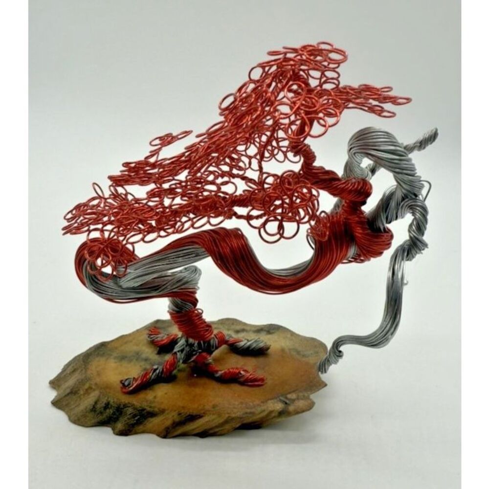 Handmade Wire Bonsai Tree Sculpture Art Red Silver Metal Modern Decor Wood Base‎